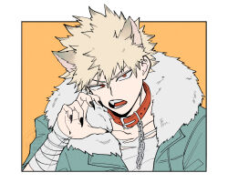  1boy alternate_costume animal_ears arm_up bakugou_katsuki bandaged_arm bandages belt_collar black_nails blonde_hair boku_no_hero_academia border chain claw_pose collar commentary fingernails fur-trimmed_jacket fur_trim green_jacket halloween_costume highres hrakmirawwit jacket kemonomimi_mode looking_to_the_side male_focus official_alternate_costume open_clothes open_jacket open_mouth red_collar red_eyes sharp_fingernails shirt short_hair sideways_glance single_claw_pose solo spiky_hair teeth tongue torn_clothes untranslatable_commentary upper_body very_short_hair white_border white_fur white_shirt wolf_boy wolf_ears 