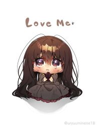  1girl antennae begging black_dress brown_eyes brown_gloves brown_hair chibi chibi_only cockroach-chan_(harumina_mau) commentary dirty dirty_clothes dress english_text frilled_dress frills full_body gloves harumina_mau highres interlocked_fingers long_hair looking_at_viewer original own_hands_clasped own_hands_together pleading_eyes simple_background solo straight-on tareme teardrop twitter_username untranslatable_commentary very_long_hair watermark white_background 