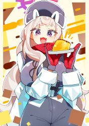  1girl absurdres black_necktie blue_archive breasts commentary_request creme_caramel erina_(blue_archive) food fur_hat gloves grey_hair halo hat highres holding large_breasts long_hair necktie open_mouth papakha pudding purple_halo red_scarf scarf shirt squead_t violet_eyes white_shirt 