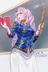  10_ohira 1girl absurdres batik blue_eyes book braid braided_bangs breasts chalkboard cue_stick earrings feather_hair_ornament feathers green_eyes grey_hair hair_ornament highres holding holding_book holding_ruler holoctober hololive hololive_indonesia indonesian_clothes jewelry large_breasts long_hair navel open_book open_mouth patterned_shirt pavolia_reine ponytail ruler shirt skirt teacher teaching virtual_youtuber white_skirt 