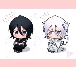  >:( >:) 2girls badge bankai bare_shoulders black_hair black_hakama black_kimono bleach bleach:_sennen_kessen-hen blush chibi chibi_only closed_mouth detached_sleeves double-parted_bangs dress dress_ribbon dual_persona fukutaichou_badge gwao_(_ul_13) hair_between_eyes hair_ornament hakama hakka_no_togame_(bankai) hands_on_own_knees highres japanese_clothes kimono kuchiki_rukia long_dress long_ribbon long_sleeves looking_at_viewer medium_hair multiple_girls ribbon sandals side-by-side simple_background sitting smile smug tsurime upturned_eyes v-shaped_eyebrows violet_eyes white_background white_dress white_hair white_ribbon wide_sleeves zouri 