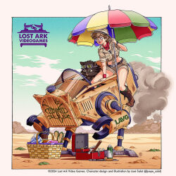  1girl artist_name bandana bandana_around_neck beach_umbrella boots brown_boots brown_eyes brown_hair brown_hat cat commentary commission copyright_name copyright_notice drink_carton english_commentary glasses goggles goggles_on_head hammer hat helmet jose_salot knee_boots logo lost_ark_video_games maia_(lost_ark_video_games) mao_(lost_ark_video_games) milk_carton open_box open_mouth picnic_basket pith_helmet red_bandana robot round_eyewear screwdriver short_hair smoke spray_can submarine toolbox twitter_username umbrella watch watch watercraft wristband 