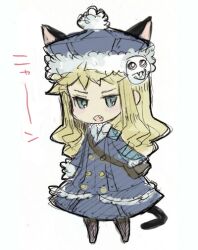  1girl animal_ears bag blonde_hair blue_eyes blue_hat boots buttons cat_ears cat_tail chibi chibi_only coat commentary_request fang full_body fur-trimmed_coat fur-trimmed_headwear fur_trim gunner_(sekaiju) gunner_2_(sekaiju) hat kiguchi_(aprico) long_hair open_mouth sekaiju_no_meikyuu sekaiju_no_meikyuu_2 shoulder_bag simple_background solo standing tail white_background 
