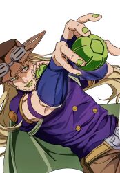 1boy ball blonde_hair commentary cowboy_hat fingerless_gloves gloves goggles goggles_on_headwear gold_teeth green_eyes green_lips grills gyro_zeppeli hat highres holding holding_ball jojo_no_kimyou_na_bouken long_hair male_focus re_tae44 solo steel_ball_(jojo) steel_ball_run 