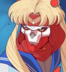  1boy absurdres animification apex_legends bishoujo_senshi_sailor_moon black_sclera blonde_hair classic_revenant colored_sclera cosplay english_commentary frown heart highres humanoid_robot long_hair looking_to_the_side male_focus meme parody parted_bangs red_scarf revenant_(apex_legends) robot sailor_moon sailor_moon_(cosplay) sailor_moon_redraw_challenge_(meme) scarf simulacrum_(titanfall) solo twintails vinegar_and_soda yellow_eyes 