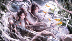  2girls absurdres bamboo black_hair chinese_clothes chinese_commentary commentary_request dynamic_pose falling_petals fantasy fighting glowing hanfu highres holding holding_sword holding_weapon long_hair moon multiple_girls night original paper petals red_eyes red_lips sword weapon wuxia yiyi 