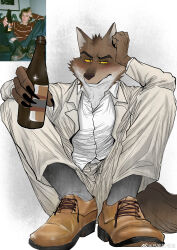  1boy absurdres animal_ears blush bottle brown_fur chinese_commentary claws commentary_request drunk furry furry_male highres holding holding_bottle looking_to_the_side male_focus miceoao mr._wolf reference_inset sitting tail the_bad_guys_(movie) watermark weibo_username weibo_watermark wolf_boy wolf_ears wolf_tail 