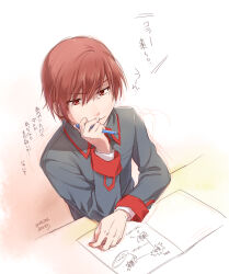  1boy black_jacket book brown_eyes brown_hair closed_mouth commentary_request dated from_above hair_between_eyes hand_up highres holding holding_pen jacket little_busters! little_busters!_school_uniform long_sleeves male_focus misaki_juri natsume_kyousuke open_book pen school_uniform short_hair signature simple_background sitting sketch solo thinking translation_request tsurime upper_body v-shaped_eyebrows white_background 
