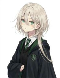  1girl badge black_robe blonde_hair blush cardigan clenched_hand commentary_request eyelashes genderswap genderswap_(mtf) green_hood green_necktie hair_between_eyes hair_over_shoulder half-closed_eyes hand_on_own_stomach harry_potter_(series) hogwarts_school_uniform hood hood_down jpeg_artifacts long_hair looking_at_viewer malfoid naohrw7 necktie open_mouth puffy_sleeves robe school_uniform shirt short_hair simple_background slytherin solo upper_body white_background white_shirt wizarding_world 