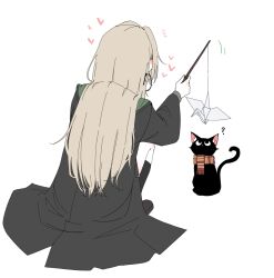  1girl ? cat commentary_request from_behind full_body genderswap genderswap_(mtf) gryffindor harry_potter_(series) heart highres hogwarts_school_uniform holding holding_stick kneehighs korean_commentary long_hair malfoid origami paper_crane robe scarf school_uniform shirt shoes simple_background slytherin socks squatting sseonyu stick striped_clothes striped_scarf white_shirt wizarding_world 