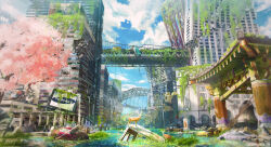  absurdres artist_name bridge car cherry_blossoms city commentary deer english_commentary highres motor_vehicle no_humans original overgrown post-apocalypse road_sign scenery sign taegong92 traffic_light tree 