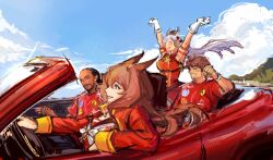  2boys 2girls animal_ears armband arms_up black_hair blue_sky blunt_bangs bow breasts brown_hair brown_hat brown_sailor_collar car charles_leclerc closed_eyes cropped_jacket dark-skinned_male dark_skin dress driving ferrari formula_one gloves gold_ship_(red_strife)_(umamusume) gold_ship_(umamusume) green_eyes grey_hair hair_between_eyes hat highres horse_ears horse_girl jacket kokuen lewis_hamilton long_hair long_sleeves maruzensky_(formula_r)_(umamusume) maruzensky_(umamusume) motor_vehicle multiple_boys multiple_girls open_mouth outdoors pantyhose pendant_choker pillbox_hat real_life red_dress red_jacket red_shirt sailor_collar shirt short_hair sky sleeveless sleeveless_dress smile striped_armband striped_clothes umamusume white_gloves white_pantyhose 
