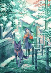  1girl animal bird black_dog black_eyes black_skirt black_socks commentary cropped_jacket dappled_sunlight dog english_commentary green_hat green_theme grey_hair hat heikala highres holding holding_leash jacket kneehighs leash limited_palette long_hair looking_at_viewer mandarin_collar mittens orange_jacket orange_sky original outdoors painting_(medium) skirt sky snow snow_on_roof snow_on_tree socks solo stairs stone_stairs sunlight tongue tongue_out traditional_media tree triadic_colors watercolor_(medium) white_bird winter witch_hat 