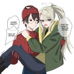  1boy 1girl absurdres animal_print blonde_hair bodysuit brown_hair carrying carrying_person cosplay english_commentary english_text genderswap genderswap_(mtf) glasses harry_potter harry_potter_(series) highres hood jacket jean_grey jean_grey_(cosplay) long_hair malfoid marvel mask multicolored_bodysuit open_mouth ponytail princess_carry rafxeed red_bodysuit simple_background spider-man spider-man_(cosplay) spider-man_(series) spider_print spider_web_print superhero_costume twitter_username two-tone_bodysuit white_background wizarding_world 