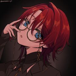  1girl adjusting_eyewear ange_katrina ange_katrina_(9th_costume) black_background black_shirt blue_eyes collared_shirt commentary_request eyewear_strap glasses gold_necklace gradient_background hair_between_eyes hand_up head_tilt highres jewelry long_bangs looking_at_viewer medium_hair necklace nijisanji open_mouth pendant portrait radial_gradient_background red_hair round_eyewear shirt single_hair_intake sleeves_past_wrists solo suuuuuuun_po twitter_username virtual_youtuber wolf_cut yellow-framed_eyewear 