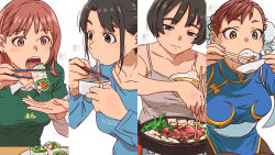  2026 aonori_misuji black-framed_eyewear black_hair blue_eyes blush bowl brown_eyes brown_hair bun_cover chopsticks chun-li clam closed_mouth collared_shirt commentary_request cooking cup double_bun eating food food_request glasses grey_eyes grey_vest hair_bun highres holding holding_bowl holding_chopsticks holding_cup holding_food holding_spoon hot_dog jacket long_sleeves looking_at_food looking_at_viewer looking_down looking_up name_tag original ponytail shirt short_hair sitting smile spoon street_fighter tongue tongue_out track_jacket vest white_background white_shirt 