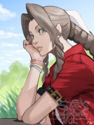  1girl 5tatsu aerith_gainsborough bangle blue_sky bracelet braid braided_ponytail brown_hair closed_mouth clouds cloudy_sky commentary_request day drill_hair drill_sidelocks elbow_rest final_fantasy final_fantasy_vii final_fantasy_vii_remake from_side green_eyes hair_ribbon head_rest highres jacket jewelry lips long_hair parted_bangs ponytail red_jacket ribbon short_sleeves sidelocks signature sky solo upper_body watermark 