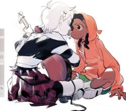  1boy 1girl arrcticc_fish brown_hair carrie_krueger colored_skin dark-skinned_male dark_skin darwin_watterson ghost ghost_girl green_shoes guitar hair_ornament hair_over_one_eye hood hoodie humanization instrument orange_hoodie personification shirt shoes short_hair simple_background skirt skull_hair_ornament smile the_amazing_world_of_gumball white_hair 