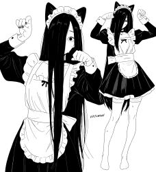  1girl absurdres apron artist_name bell black_dress commentary dress english_commentary enmaided full_body greyscale hair_over_one_eye highres long_hair maid maid_apron maid_headdress monochrome multiple_views neck_bell paw_pose solo the_ring thigh-highs very_long_hair virtuware white_background yamamura_sadako 