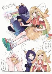  2girls ahoge animal_ears armor blonde_hair blue_hair blue_hoodie blue_kimono brushing_another's_tail cho_kaguya-hime! colored_inner_hair commentary_request crescent crescent_hair_ornament fang forehead_jewel fox_ears fox_girl fox_tail hair_ornament highres hood hood_down hoodie ichi27ichi japanese_clothes kaguya_(cho_kaguya-hime!) kaguya_(tsukuyomi)_(cho_kaguya-hime!) kimono long_hair low-tied_long_hair multicolored_hair multiple_girls nail_polish open_mouth purple_hair purple_nails rabbit_ears rabbit_girl red_kimono sakayori_iroha sakayori_iroha_(tsukuyomi) shoulder_armor tail teeth upper_teeth_only 