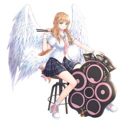  1girl angel angel_wings ankle_socks arm_up artist_request aselica_(king's_raid) bare_legs blonde_hair blue_eyes bow braid braided_sidelocks breast_pocket breasts collared_shirt colored_petticoat commentary_request dress_shirt drum drumsticks electronic_drums emblem english_commentary feathers full_body hair_bow hair_ornament hairclip high_heel_sneakers highres holding holding_drumsticks instrument king's_raid korean_commentary long_hair loose_necktie low_wings medium_breasts miniskirt mixed-language_commentary multiple_hairclips multiple_wings necktie object_on_shoulder official_alternate_costume official_art on_stool outstretched_arm petticoat pink_bow pink_necktie pink_shoes plaid_clothes plaid_skirt pleated_skirt pocket pointy_ears print_necktie school_uniform second-party_source shirt shoes short_sleeves sidelocks sitting skirt smile socks solo stool very_long_hair white_feathers white_shirt white_shoes white_socks white_wings wing_print wings wristband 
