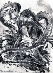  1boy character_request commentary dragon eastern_dragon english_commentary finger_to_mouth hair_between_eyes hand_up highres index_finger_raised japanese_clothes long_hair long_sleeves looking_at_viewer male_focus monochrome ponytail shushing spot_color touken_ranbu upper_body vdmaler violet_eyes 