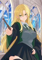  absurdres blonde_hair coat genderswap green_eyes green_necktie gyaru harry_potter_(series) highres malfoid masmbel necktie pleated_skirt skirt tsundere wizarding_world 