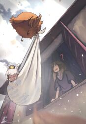  ? aged_down animal_ears animalization baby bird black_hair black_shirt blunt_bangs brown_eyes brown_hair brown_hat carrying carrying_baby carrying_person character_name commentary confused dream_journey_(umamusume) ear_covers exhausted_dan fenomeno_(umamusume) gold_ship_(umamusume) grey_hair hair_between_eyes hat highres horse_ears horse_girl long_hair multicolored_hair multiple_girls nakayama_festa_(umamusume) open_mouth orfevre_(umamusume) outdoors pillbox_hat recursive_animalization shirt short_sleeves sky stay_gold_(casual)_(umamusume) stay_gold_(umamusume) stay_gold_clan_(umamusume) streaked_hair t.m._opera_o_(umamusume) umamusume umamusume_horse_relations window 