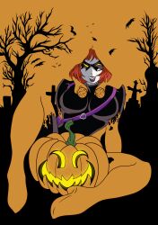  absurdres bat_(animal) black_bodysuit black_mask bodysuit clothed_sex commentary domino_mask elizabeth_tyne eye_mask flame_print gloves halloween halloween_costume hallows_eve happy_halloween highres holding holding_mask jack-o'-lantern latex latex_bodysuit latex_gloves marvel mask multicolored_bodysuit non-web_source one_breast_out orange_bodysuit pumpkin red_hair scarlet_spider shin_art69 spider-man_(series) superhero_costume trick_or_treat two-tone_bodysuit yellow_eyes 