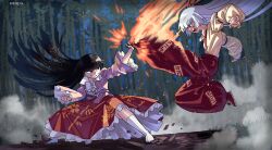  2girls absurdres bamboo bamboo_forest bamboo_print black_hair blocking bow bowtie commission dirt fighting fire floating_hair flying_kick forest fujiwara_no_mokou grass hair_bow hair_floating_upwards hands_up highres hime_cut houraisan_kaguya kaibootsu kicking kneehighs long_skirt looking_at_another midair multiple_girls nature ofuda ofuda_on_clothes open_mouth pants pink_shirt red_eyes red_pants red_shoes red_skirt shirt shoes signature skirt socks suspenders sweat touhou vgen_commission white_bow white_hair white_shirt 