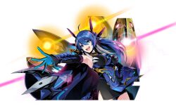  1girl ahoge armor armored_dress artist_request black_dress blue_dress blue_eyes blue_gloves blue_hair breasts cannon coat coat_on_shoulders dragon_girl dragon_horns dragon_tail dress duel_masters duel_masters_play's elbow_gloves gloves grey_hair hair_between_eyes horns large_breasts long_hair mechanical_horns multicolored_dress multicolored_hair official_art open_mouth q.e.d._(duel_masters) solo tail teeth third-party_source transparent_background upper_teeth_only 