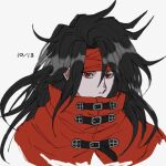  1boy bandana belt_buckle black_hair buckle cape commentary cropped_shoulders dated dirge_of_cerberus_final_fantasy_vii expressionless final_fantasy final_fantasy_vii grey_background high_collar long_hair male_focus mtr_dayoo red_bandana red_cape red_eyes simple_background solo upper_body vincent_valentine 