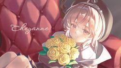  1girl ahoge beret black_hat black_skirt blush bouquet brown_jacket character_name cheyanne_(girls'_frontline_2) closed_mouth collared_shirt commentary_request couch flower fumizuki_lily girls'_frontline_2:_exilium girls_frontline grey_hair hair_between_eyes hat highres holding holding_bouquet jacket looking_at_viewer low_ponytail m200_(girls'_frontline) on_couch pleated_skirt ponytail rose shirt skirt smile solo violet_eyes white_shirt yellow_flower yellow_rose 