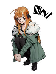  1girl ahoge behind-the-head_headphones black-framed_eyewear black_boots black_pantyhose black_tank_top boots breasts brown_eyes closed_mouth collarbone concept_art dongho_kang eyelashes full_body fur-trimmed_jacket fur_trim glasses green_jacket headphones highres jacket knee_boots lips long_hair long_sleeves looking_at_viewer nose open_clothes open_jacket orange_hair pantyhose persona persona_5 sakura_futaba shirt simple_background small_breasts solo squatting tank_top third-party_source white_background white_shirt 