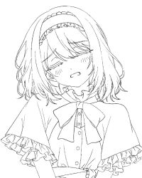  1girl alice_margatroid blush bow bowtie capelet closed_eyes commentary_request dress facing_viewer frilled_hairband frills greyscale hairband medium_hair monochrome open_mouth sash smile solo touhou tsuno_no_hito upper_body waist_sash 