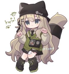  1girl :3 animal_hat beanie black_boots black_hat black_necktie black_skirt boots cat_girl cat_hat cat_tail character_name chibi chibi_only clenched_hands closed_mouth commentary_request full_body gauze_on_knee green_eyes green_vest grey_shirt hair_ornament hairclip hands_up hat hat_ornament highres kipfel_(vrchat) long_hair miniskirt necktie parallel_hairclips paw_pose shirt simple_background skirt smile solo tail twitter_username very_long_hair vest vrchat wgaquq white_background 