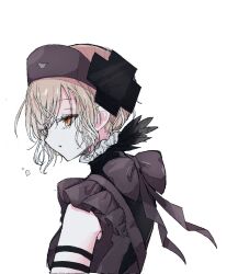  1girl animal_print bird_print black_bow black_dress bow butter_run commentary_request dress grey_hair hair_ornament hat highres magical_girl mahou_shoujo_ikusei_keikaku mahou_shoujo_ikusei_keikaku_restart nurse_cap orange_eyes shadowgale short_hair simple_background solo white_background x_hair_ornament 