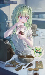  1girl absurdres apron aray_1010 blue_eyes blush chico_(yuzuha_riko) chocolate collarbone commentary_request covering_own_mouth cup food green_hair hair_ornament hairclip hamster highres holding holding_chocolate holding_food indoors kitchen korean_commentary long_hair looking_at_phone mug phone short_sleeves side_ponytail stellive virtual_youtuber white_apron yuzuha_riko 