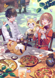  1boy 1girl 1other basil_leaf blurry blurry_foreground braid bug butterfly buttons chair cheese cover cover_page doran_(gisele_no_renkin_ame) double-breasted eating fingerless_gloves food fork gisele_no_renkin_ame giselle_starwin_(gisele_no_renkin_ame) gloves hair_ornament ham hand_on_own_stomach highres jar lino_chang official_art pesto pizza pizza_slice plate pouring raccoon sitting taa-chan_(gisele_no_renkin_ame) tablecloth tanuki tomato tomato_slice tray wooden_chair 