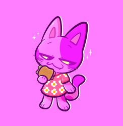  1boy :3 animal_crossing animal_ears bob_(animal_crossing) cat_boy cat_ears cat_tail chibi chibi_only chibikemo commentary_request fang floral_print floral_print_shirt food full_body furry furry_male highres holding holding_food holding_sandwich keebykiba male_focus pink_shirt print_shirt purple_background purple_theme sandwich shirt short_sleeves simple_background smug solo sparkle tail thick_lineart whiskers 