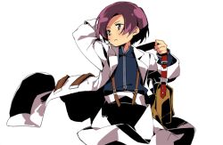  1boy anpolly apron arm_behind_head bag closed_mouth coat commentary_request himukai_yuuji_(style) long_sleeves looking_ahead male_focus medic_(sekaiju_4) medic_3_(sekaiju_4) parted_bangs purple_hair sekaiju_no_meikyuu sekaiju_no_meikyuu_4 shoulder_bag simple_background solo turning_head white_apron white_background white_coat yellow_bag yellow_eyes 