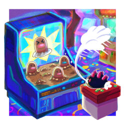  >_< alternate_color arcade arcade_cabinet diglett highres indoors inktober inktober_2026 johnnysmr no_humans pokemon pokemon_(creature) pokemon_focus procreate_(medium) pyukumuku shiny_pokemon whac-a-mole 