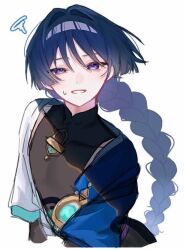  1boy alternate_hair_length_(longer) alternate_hairstyle bishounen black_bodysuit black_hair black_shorts blue_cape blue_gem blue_kimono blue_sleeves blunt_ends bodysuit braid cape choppy_bangs commentary_request covered_collarbone gem genshin_impact gold hair_intakes japanese_clothes juban kimono layered_sleeves long_hair looking_at_viewer low-braided_long_hair low-tied_long_hair male_focus on28797 open_clothes open_kimono open_mouth scaramouche_(genshin_impact) short_sleeves shorts shoulder_peek side_cape solo squiggle sweatdrop tsurime violet_eyes vision_(genshin_impact) wanderer_(genshin_impact) white_background white_kimono white_mouth white_sleeves 