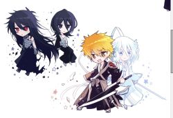  >:) 1boy 1girl :d armor bad_link bandaged_chest bankai black_hair black_hakama black_kimono bleach bleach:_sennen_kessen-hen blue_eyes blush brown_eyes chibi chibi_only closed_mouth colored_eyelashes detached_sleeves double-parted_bangs dress fighting_stance frown full_body g_ieep hair_between_eyes hakama hakka_no_togame_(bankai) holding holding_sword holding_weapon japanese_clothes katana kimono kuchiki_rukia kurosaki_ichigo long_dress long_hair long_sleeves looking_ahead looking_at_viewer medium_hair multiple_views official_alternate_costume official_alternate_eye_color official_alternate_hair_color open_mouth orange_hair red_eyes saigo_no_getsuga_tenshou short_hair shoulder_armor simple_background smile smug spiky_hair standing star_(symbol) sword v-shaped_eyebrows very_long_hair weapon white_background white_dress white_eyelashes white_hair wide_sleeves zangetsu_(shikai) 