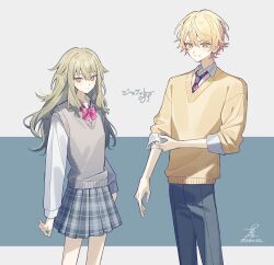  1boy 1girl arms_at_sides blonde_hair blue_background blue_pants blue_skirt bow bowtie closed_mouth collared_shirt cowboy_shot diagonal-striped_bow diagonal-striped_bowtie diagonal-striped_clothes diagonal-striped_necktie dot_nose dress_shirt grey_background grey_sweater_vest hair_between_eyes hair_flaps highres kamiyama_high_school_uniform_(project_sekai) kikutouji kusanagi_nene long_hair long_sidelocks long_sleeves looking_at_viewer low-tied_sidelocks necktie pants pink_bow pink_bowtie plaid_clothes plaid_skirt pleated_skirt project_sekai school_uniform shirt short_hair sidelocks signature simple_background skirt sleeves_rolled_up smile striped_bow striped_bowtie striped_clothes striped_necktie sweater sweater_vest tenma_tsukasa translated twitter_username two-tone_background v-neck violet_eyes wavy_hair white_shirt wing_collar yellow_eyes yellow_sweater 