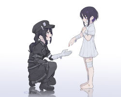  2girls arm_belt bandage_on_face bandaged_arm bandaged_hand bandaged_leg bandages bandaid bandaid_on_foot bandaid_on_hand black_hair black_hat commentary_request dress goggles goggles_on_headwear grey_eyes hat housho_margo kotetsu_080 kurobe_nanoka long_hair mahou_shoujo_no_majo_saiban multiple_girls open_mouth plaid_clothes plaid_dress short_hair simple_background smile twintails violet_eyes white_background 