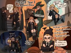  1boy 2girls anger_vein ball black_pants black_robe black_shoes blonde_hair blush bread broom broom_riding brown_hair canon_event chair commentary crossed_arms dog english_commentary food forest genderswap genderswap_(mtf) glasses green_eyes green_robe hand_grab harry_potter harry_potter_(series) harry_potter_and_the_philosopher's_stone hat highres hogwarts_school_uniform holding holding_ball holding_lantern holding_wand jonathan_p.t._arts lantern light_blush malfoid mature_female minerva_mcgonagall multiple_girls nature pants robe scared scarf school_uniform shoes silhouette sitting socks wand wizard_hat wizarding_world 