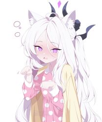  1girl @_@ absurdres ahoge animal_ear_fluff animal_ears blue_archive blush cardigan cardigan_on_shoulders cat_ears cat_girl commentary demon_girl demon_horns english_commentary hair_between_eyes highres hina_(blue_archive) hina_(pajamas)_(blue_archive) horns long_hair long_sleeves looking_at_viewer mixed-language_commentary multiple_horns official_alternate_costume open_mouth pajamas paw_pose penguin_uwu pink_pajamas polka_dot polka_dot_nightgown polka_dot_pajamas simple_background solo upper_body very_long_hair violet_eyes white_background white_hair yellow_cardigan 