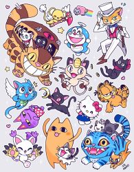 1girl 3boys :3 :d :p ^^^ ^_^ angel_wings anger_vein angry animal_crossing animal_on_head arm_up arms_up artist_name bandana bandana_around_neck baron_humbert_von_gikkingen bell bishoujo_senshi_sailor_moon black_cat black_eyes blush blush_stickers bob_(animal_crossing) bow bright_pupils cardcaptor_sakura cat cat_boy cat_on_head catbus character_request chi's_sweet_home chi_(character) claws closed_eyes closed_mouth coin collar commentary copyright_request crescent derpy_(kpop_demon_hunters) digimon digimon_(creature) doraemon doraemon_(character) everyone eyelashes facial_mark fairy_tail fang fangs feathered_wings floral_print flying forehead_mark furry furry_male garfield garfield_(character) green_neckerchief grey_background grey_cat grin hair_bow hand_up happy_(fairy_tail) heart hello_kitty hello_kitty_(character) highres holding holding_wand holed_coin jiji_(majo_no_takkyuubin) jingle_bell kamineko kero_(cardcaptor_sakura) kpop_demon_hunters looking_at_viewer luna_(sailor_moon) majo_no_takkyuubin mamobot meowth mihama_chiyo's_father motion_lines mouse_(animal) mouth_hold multiple_boys neck_bell neckerchief neco_coneco neko_no_ongaeshi nekobus nichijou notice_lines nyan_cat on_head one_eye_closed open_mouth orange_cat outline pawpads pokemon pokemon_(creature) print_shirt rainbow red_bandana red_bow red_collar red_eyes red_shirt sakamoto_(nichijou) sanrio sharp_teeth shirt simple_background sleeveless sleeveless_shirt slit_pupils smile smirk sparkle standing star_(symbol) studio_ghibli tabby_cat tailmon takecopter teeth tiger tonari_no_totoro tongue tongue_out untranslatable_commentary upside-down v v-shaped_eyebrows v-shaped_eyes wand waving whiskers whisper_of_the_heart white_cat white_outline white_pupils white_wings wings yellow_eyes
