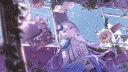  1girl aro_16666 bag blue_eyes blue_flower bottle bow floating floating_object flower gloves hair_flower hair_ornament highres hinako_(myth_hydrangea) indie_utaite leaf long_hair long_sleeves mail marble open_box origami overgrown paper_crane sample_watermark shirt solo sunflower train_interior upper_body utaite watermark white_gloves white_hair white_shirt wide_sleeves yellow_flower 